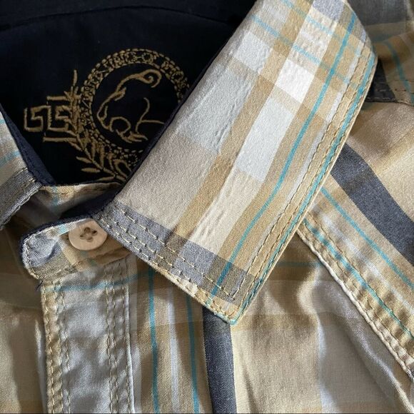 PLATINI Western Plaid Shirt w/Snap Buttons Navy/Khaki Medium - Picture 9 of 10